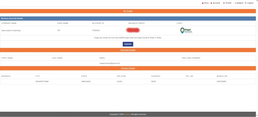 "Authorized B2B Portal Dashboard confirming Hypercognito Computings as a registered agent for Nagapattinam to Jaffna Ferry bookings."