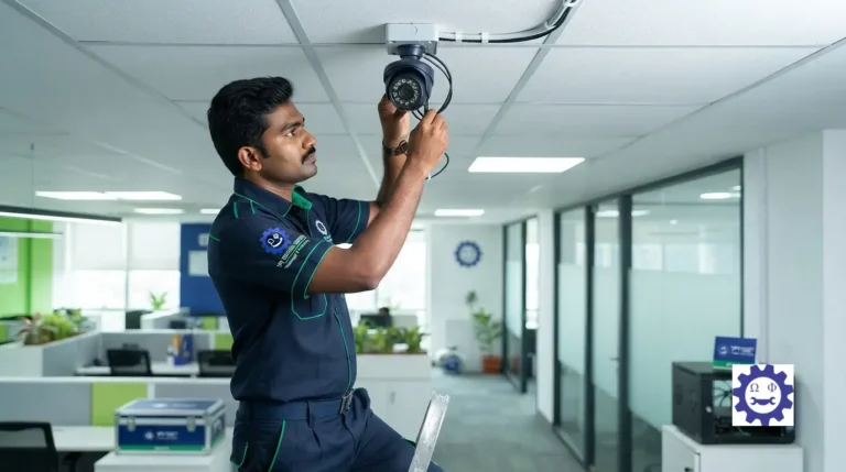 Professional technician installing a high-definition CCTV security camera system in a modern commercial office.