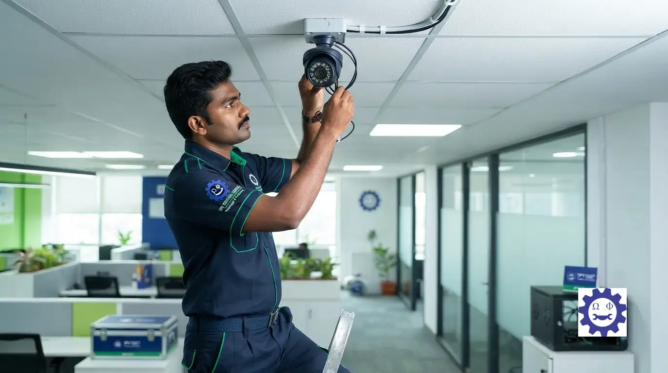 Professional technician installing a high-definition CCTV security camera system in a modern commercial office.