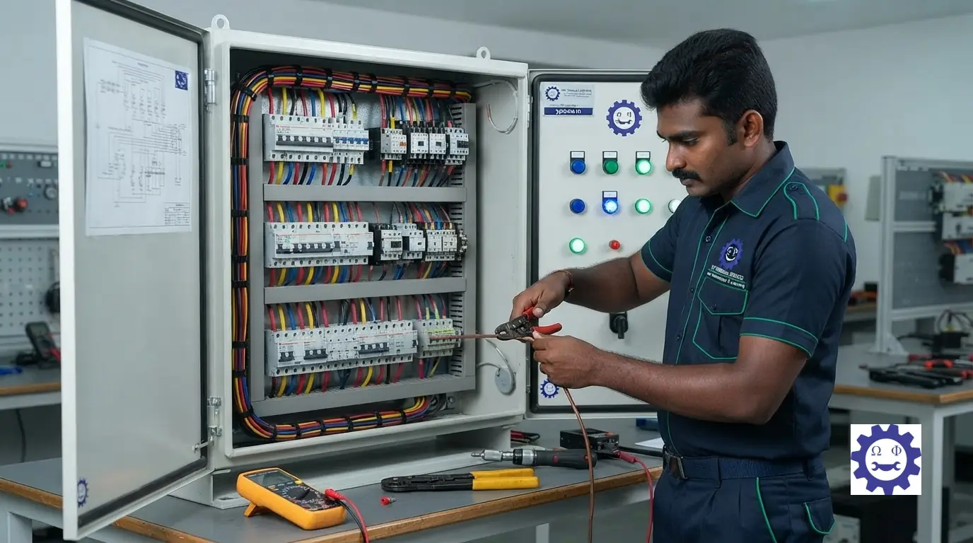 Expert electrician assembling and wiring an industrial electrical control panel and distribution board.