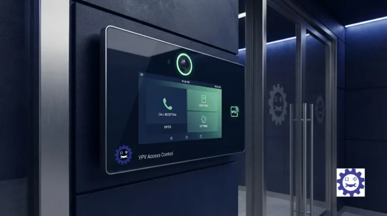 Modern video intercom and access control touch panel installed at a secure corporate entrance.
