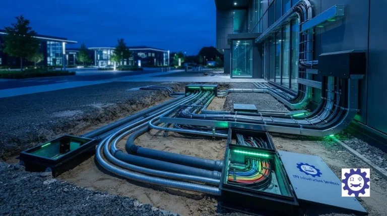 Professional underground and conduit cable routing installation for a modern commercial facility.