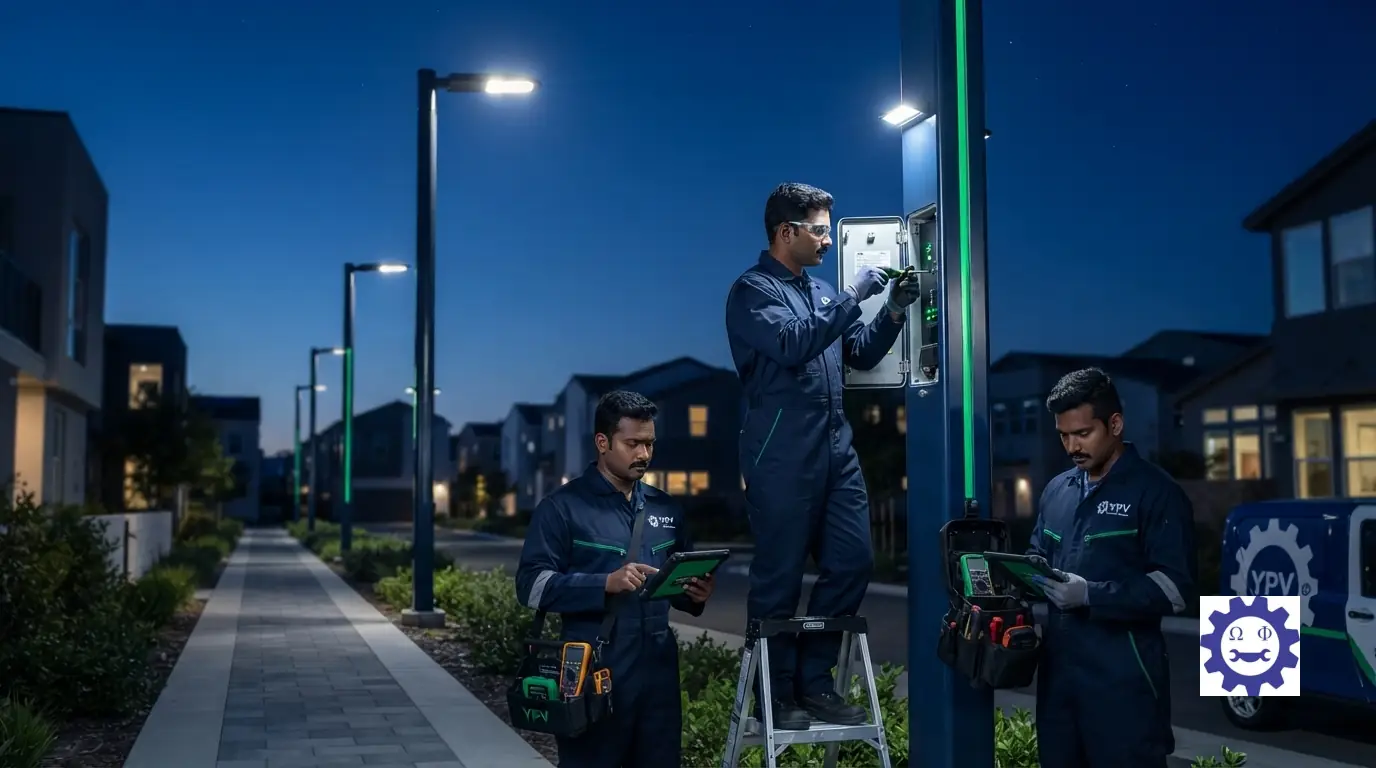 Technicians servicing modern energy-efficient LED street light poles along a community pathway.