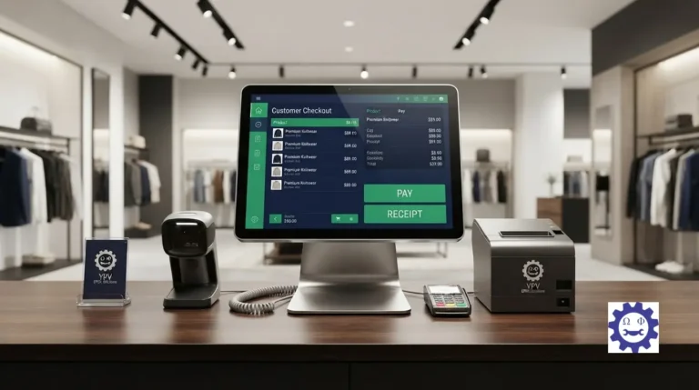 Sleek electronic point of sale (EPOS) counter setup featuring a touchscreen terminal and thermal printer.