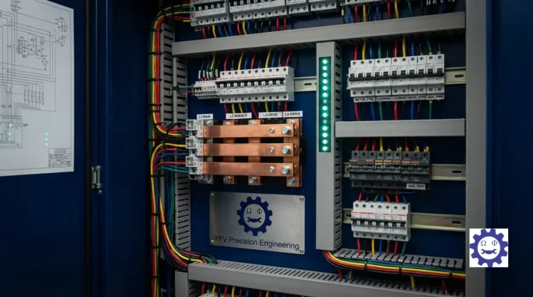 Close-up of precision-engineered electrical panel wiring with color-coded harnesses and copper busbars.