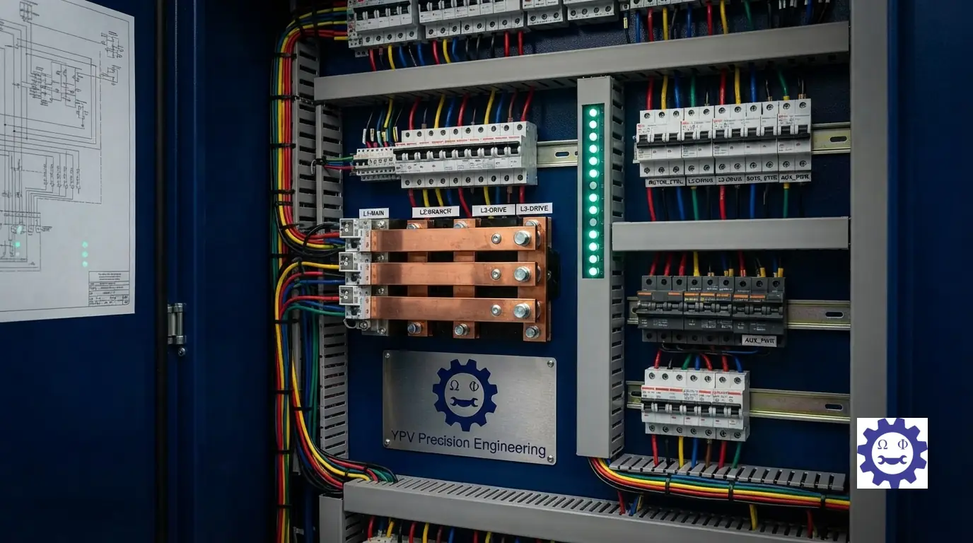 Close-up of precision-engineered electrical panel wiring with color-coded harnesses and copper busbars.
