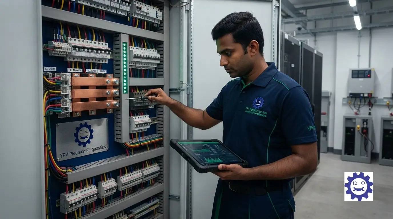 Technical support engineer conducting routine maintenance and diagnostics on commercial infrastructure equipment.