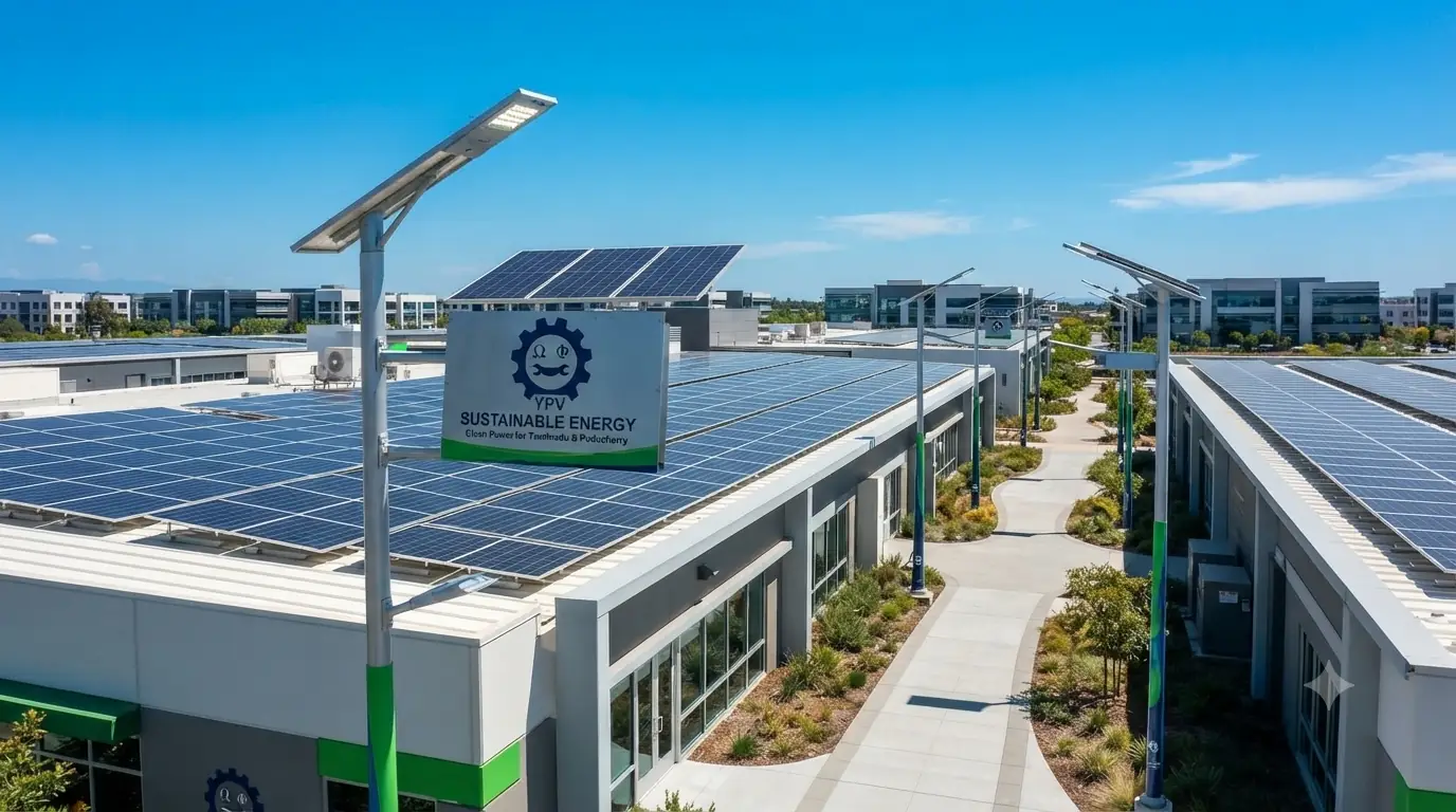 Modern rooftop solar panels and eco-friendly solar street lighting installations under a bright sky.