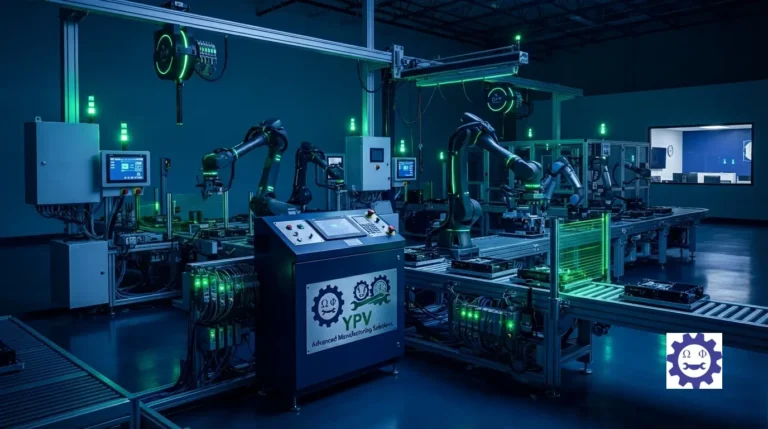 Advanced industrial automated manufacturing assembly line featuring robotic controllers and sensor networks.