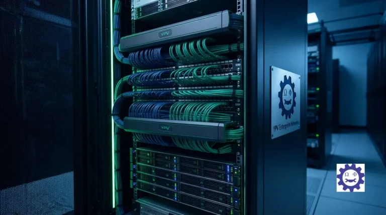 Impeccably organized server rack enclosure with color-coded patch panel cabling and horizontal cable managers.