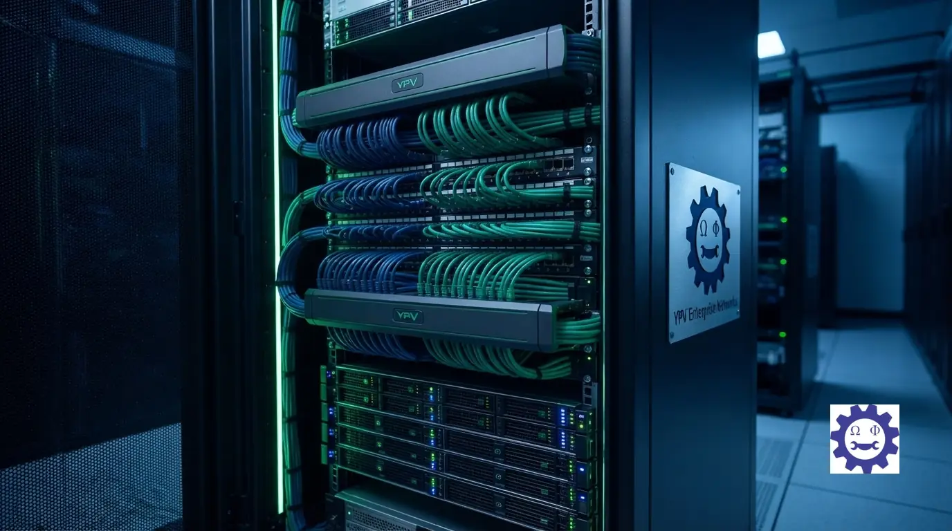 Impeccably organized server rack enclosure with color-coded patch panel cabling and horizontal cable managers.
