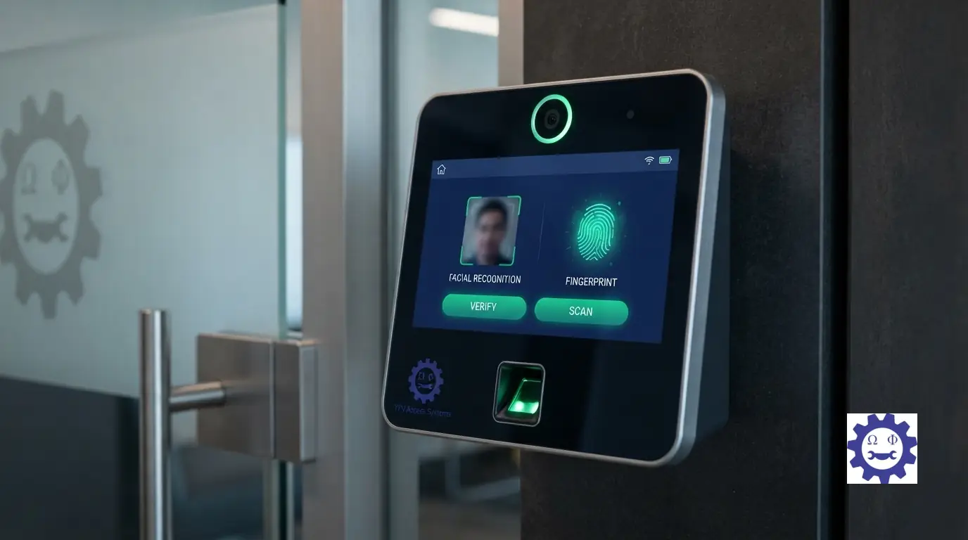 Modern biometric facial recognition and fingerprint access terminal mounted at a secure office entrance.