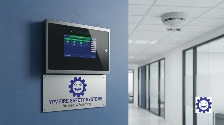 Modern addressable fire alarm control panel and optical smoke detector installed in a commercial facility.