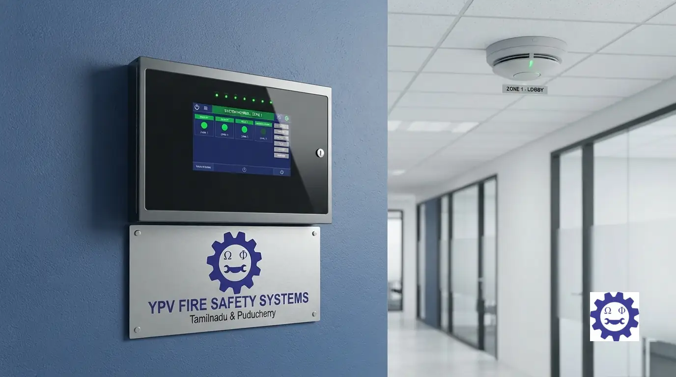 Modern addressable fire alarm control panel and optical smoke detector installed in a commercial facility.