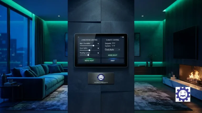 Sleek smart home control tablet mounted on a wall displaying automated lighting and climate controls.