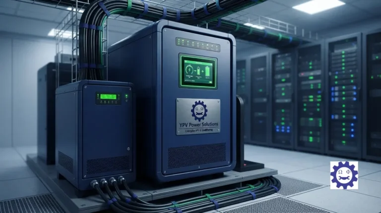 Heavy-duty enterprise UPS power backup system and voltage stabilizer installed in an IT server room.
