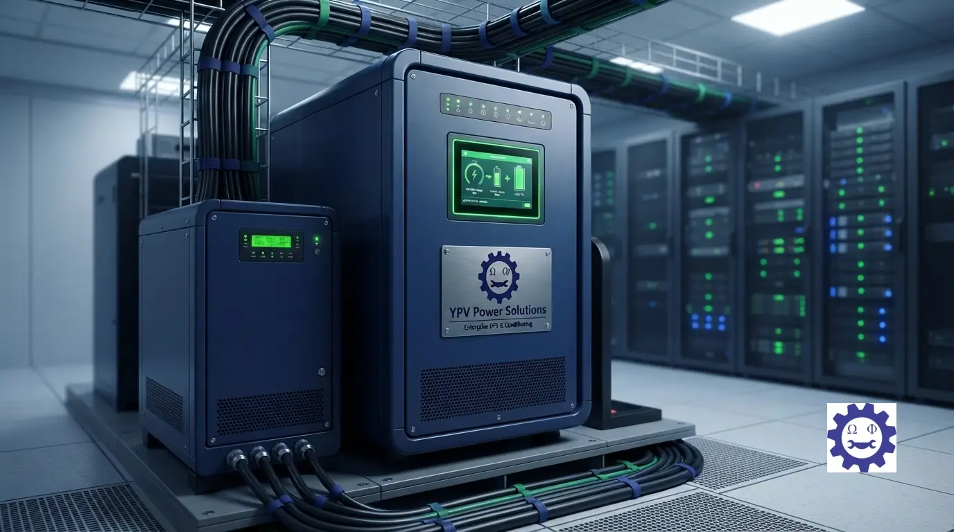 Heavy-duty enterprise UPS power backup system and voltage stabilizer installed in an IT server room.