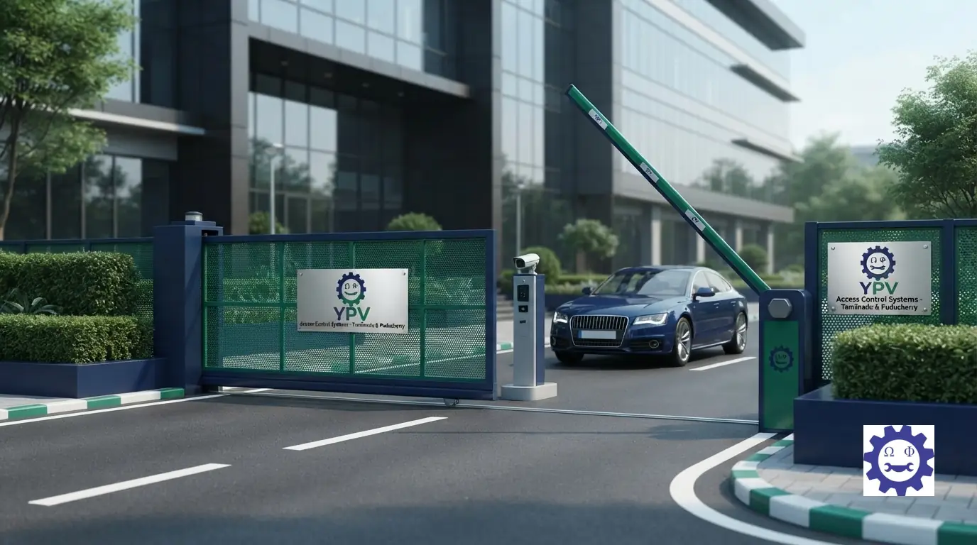 Automated parking boom barrier and motorized security sliding gate operating at a corporate entrance.