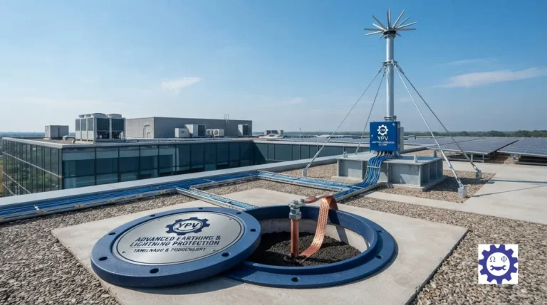 Advanced chemical earthing pit installation and mast-mounted lightning arrestor on a commercial building rooftop.