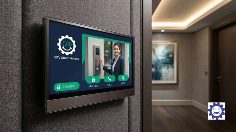 High-definition video door phone monitor mounted inside an apartment hallway displaying a visitor entry feed.