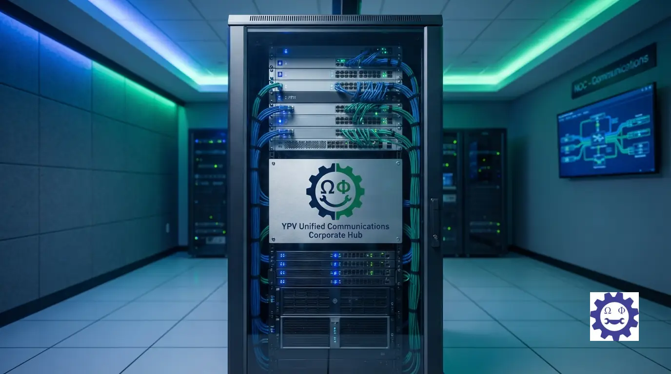 Centralized IP-PBX business telephone exchange system rack installed in a corporate communications hub.
