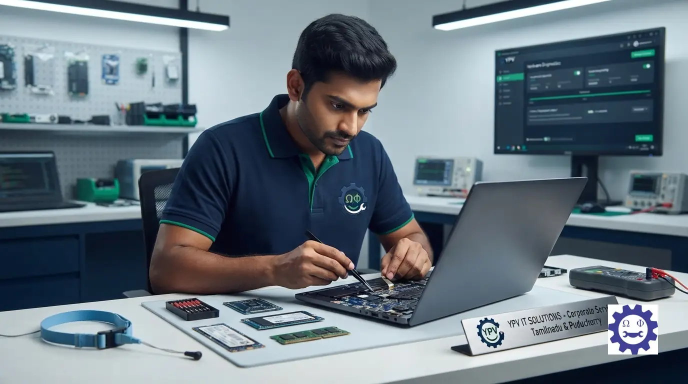 Computer technician expertly repairing and upgrading laptop hardware components in a clean workbench environment.