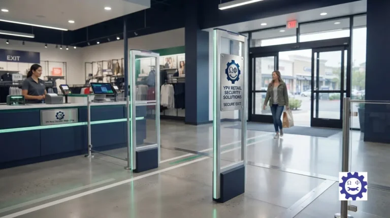 Modern security pedestals and anti-shoplifting gates installed at a retail store checkout exit.