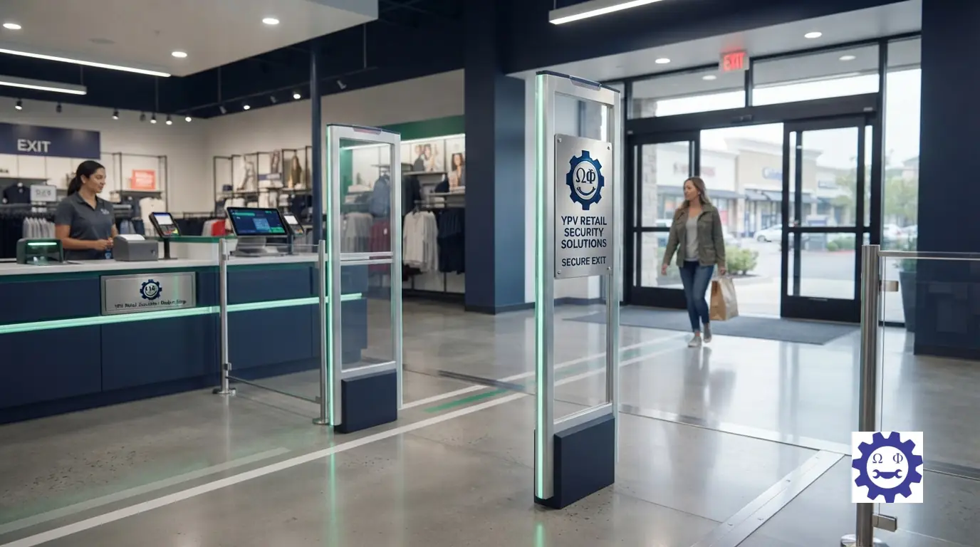 Modern security pedestals and anti-shoplifting gates installed at a retail store checkout exit.