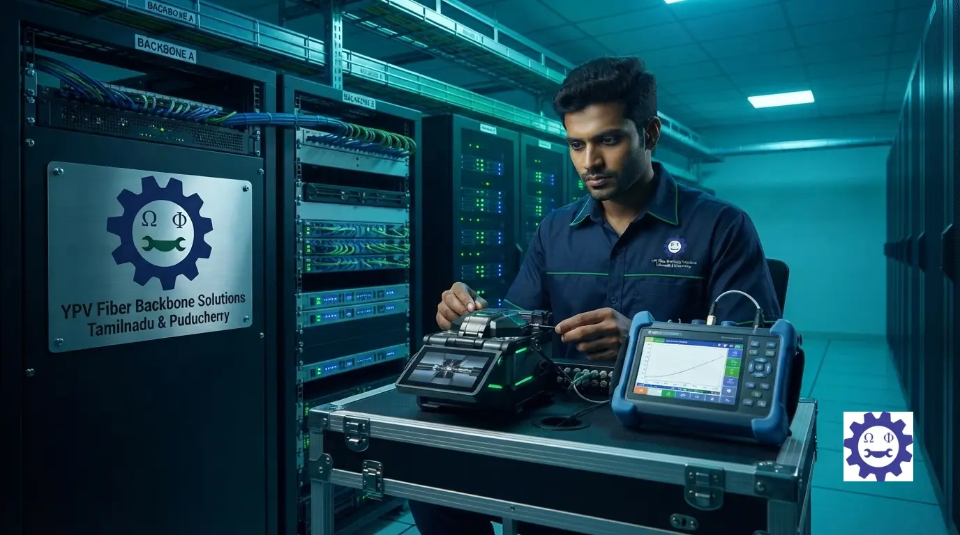 Technician performing precise optical fiber fusion splicing and OTDR testing on a high-bandwidth enterprise backbone.
